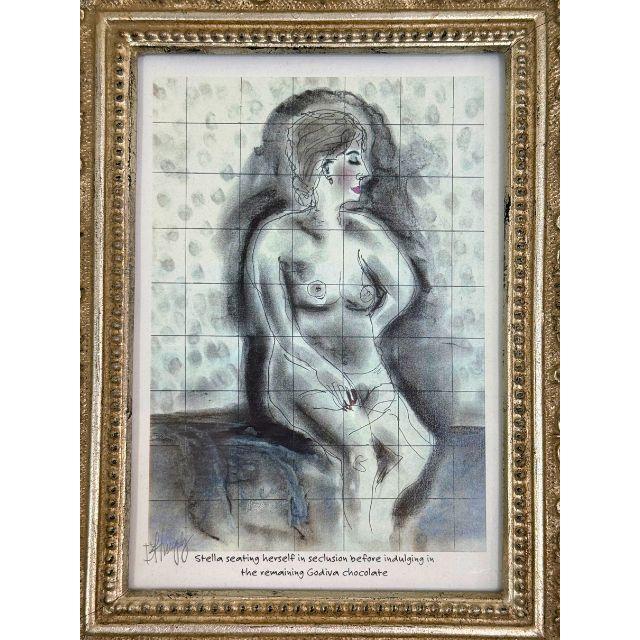 A beautifully illustrated lithograph depicts a whimsical nude woman contemplating before eating a Godiva chocolate. This...