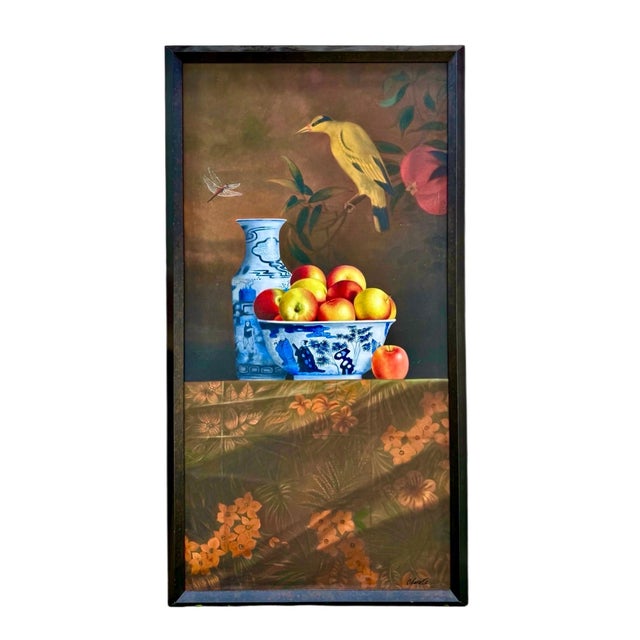 Rene Chavelle, Large Trompe L'oeil Oil Painting Rene Chavelle Belgian Hyper Realist Apples, c.1980's For Sale