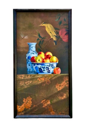 Rene Chavelle, Large Trompe L'oeil Oil Painting Rene Chavelle Belgian Hyper Realist Apples, c.1980's