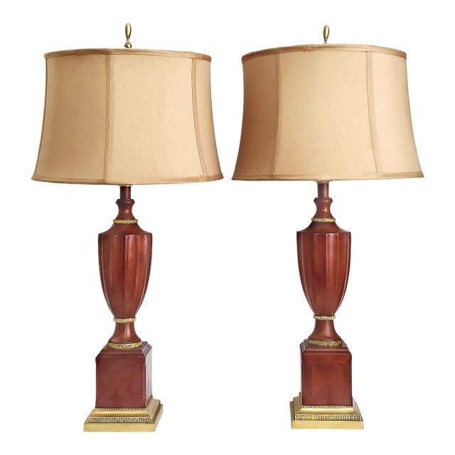 Lamp Pair Mahogany Brass & Shades For Sale