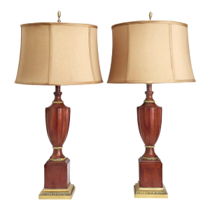 Lamp Pair Mahogany Brass & Shades