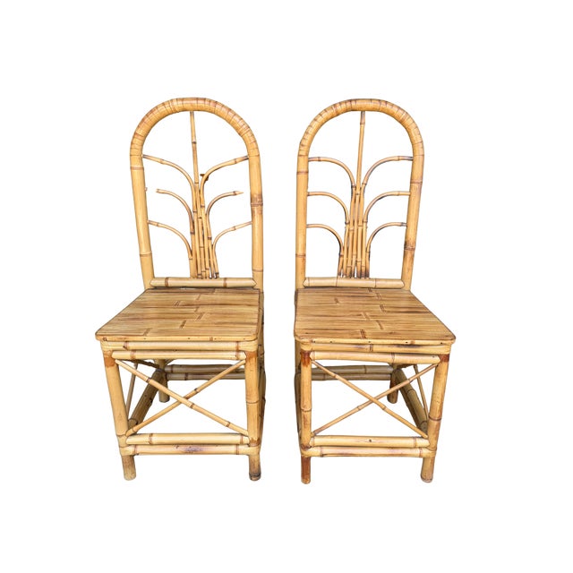 Pair of Vintage Hollywood Regency Bamboo & Rattan Dining Chairs | Palm Beach Coastal Chinoiserie Bent Bamboo High-Back Accent Chairs For Sale - Image 12 of 13