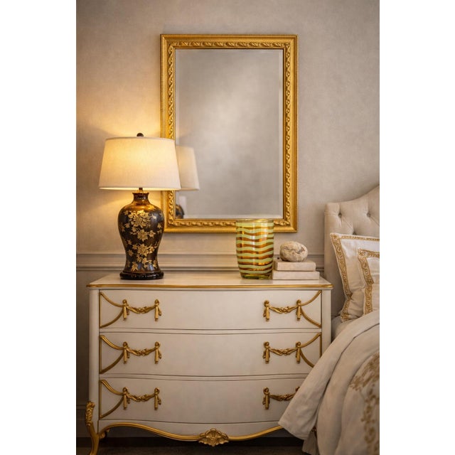 Late 20th Century Large Hollywood Regency Style Gilt Wall Mirror – Textured Sunlit Brass Frame – 52” X 34.5” – Decorative Beaded Frame For Sale - Image 5 of 7