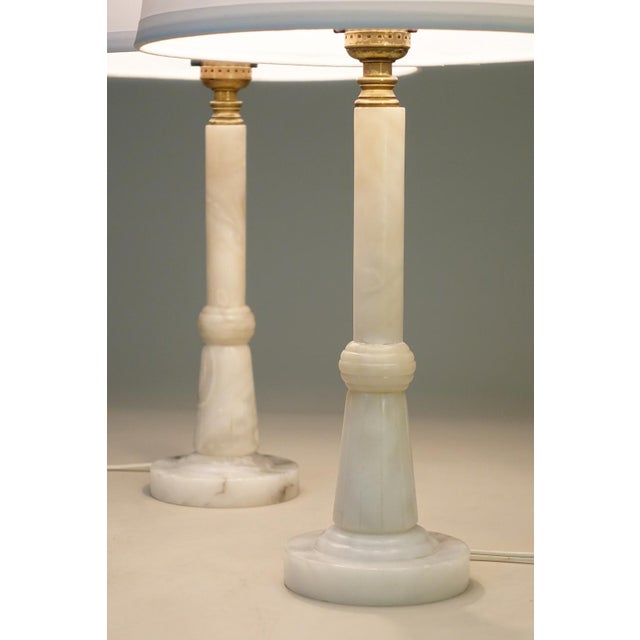 1930s 1930s Art Deco Streamline Alabaster Marble Brass Candlestick Table Lamps Italy - a Pair For Sale - Image 5 of 13