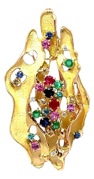 Ruby Sapphire Emerald Paraiba Diamond 18k Yellow Gold Freeform Brooch Pendant