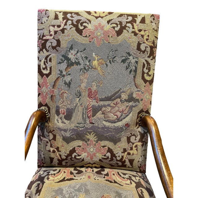1900 - 1909 19th Century French Needlepoint Carved Walnut Throne Chair For Sale - Image 5 of 11