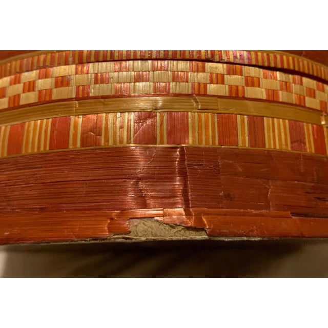 Pink Vintage Round Straw Box With Flowers and Phoenix For Sale - Image 8 of 12