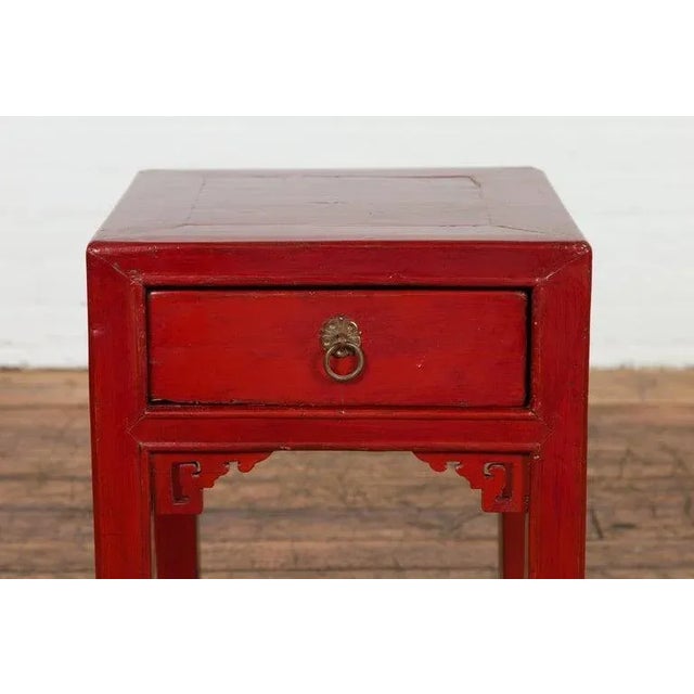 Vintage Chinese Red Lacquer Side Table with Single Drawer & Carved Spandrels Chairish
