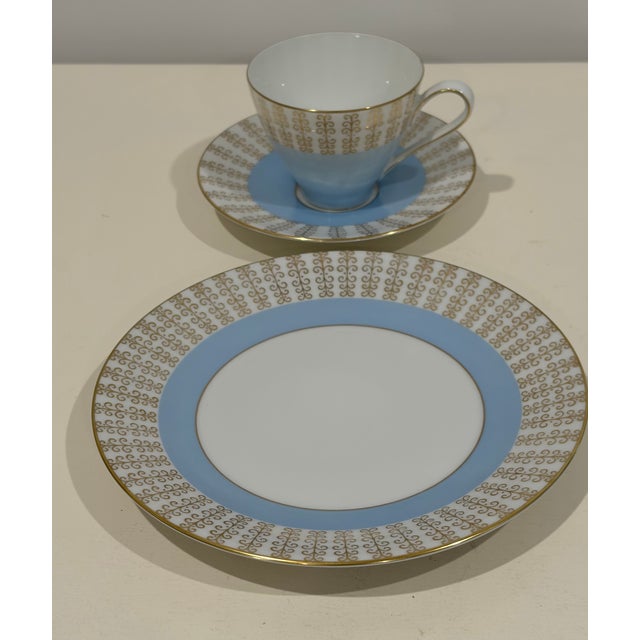 Rosenthal 1950s Art Deco Rosenthal Germany Blue Edge Gold Trim Cup, Saucer ,Plate Marked - 3 pcs For Sale - Image 4 of 8