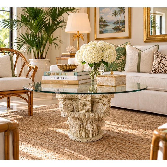Stunning 1970s vintage carved stone coffee table base featuring an inverted architectural Corinthian column capital...