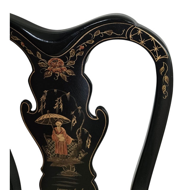 Paint Vintage Custom Dining Room Side Chairs Chinoiserie Black Lacquer Pan Asian- a Pair For Sale - Image 7 of 11