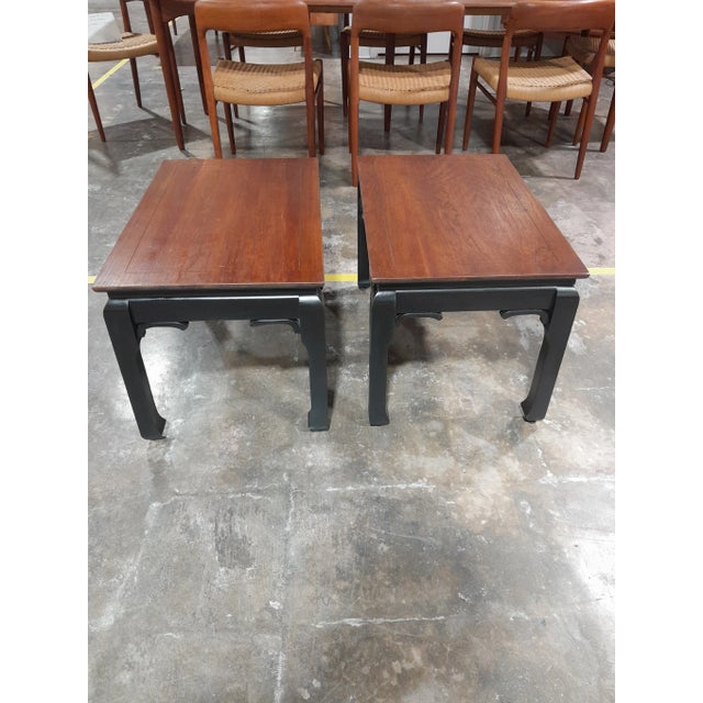 Wood Restored Pair of Vintage 1960's Medallion Limited Two Tone Chow Side Tables With Walnut Top and Ebony Base For Sale - Image 7 of 8