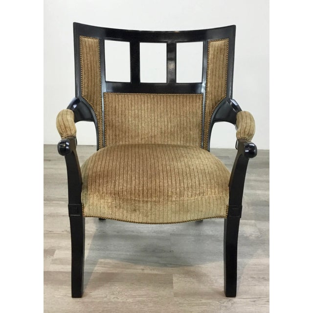 Unique and elegant Transitional Gold and Brown Curvy Accent Chair, beautiful line work wood frame finished in a rick dark...