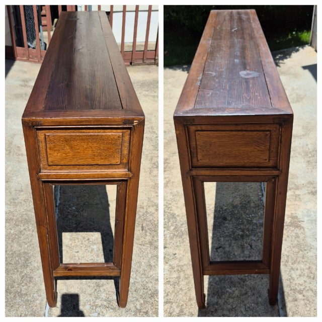 Vintage Asian Carved Elm Wood Extra Long 74” Altar Table Console Table Sideboard W/ 2 Drawers For Sale In Washington DC - Image 6 of 12