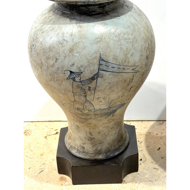 Pair of Deft-Style Chinoiserie Urn Lamps with Banner-Bearer Decoration For Sale In Greensboro - Image 6 of 18