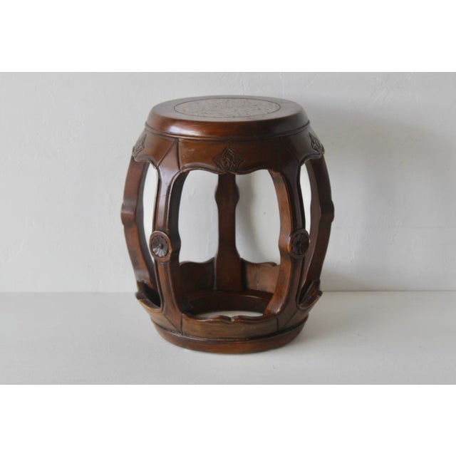 1980s Asian Carved Wood Barrel Stool Plant Stand With Inset Granite Top Vintage For Sale - Image 15 of 18