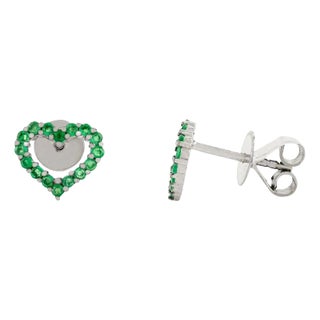 14k White Gold Heart Shaped Natural Emerald Stud Earrings- 2 Pieces For Sale