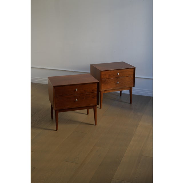 1950s American of Martinsville Walnut Nightstands, Matched Pair, Professionally refinished and in perfect condition. A...