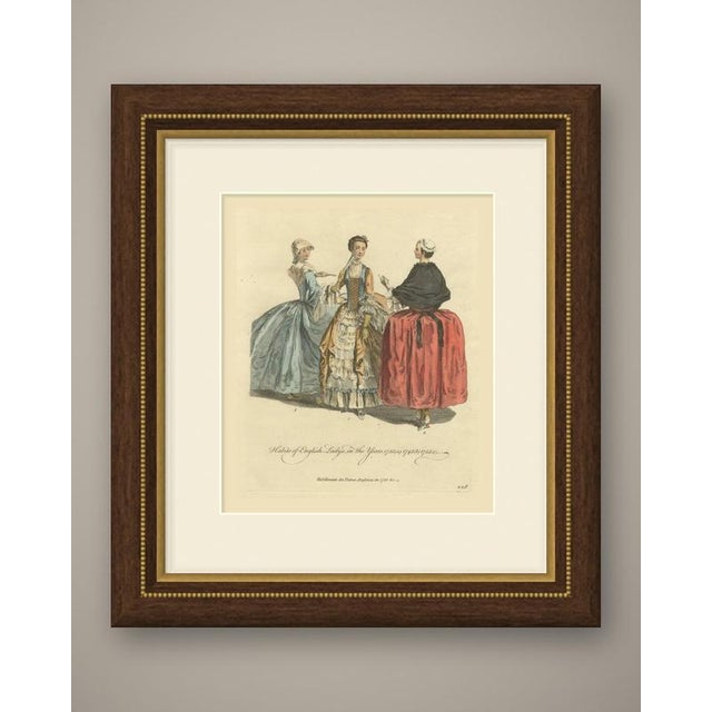This is an original antique copper engraving from 1757, colored by hand, lettered "Habits of English Ladys, in the Years...