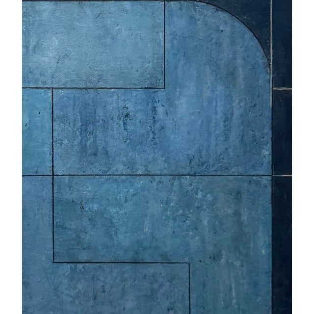 2020s Contemporary Geometric, Abstract Oil and Cold Wax Painting Monochromatic Blue/Grey by Stephen Cimini For Sale - Image 5 of 7