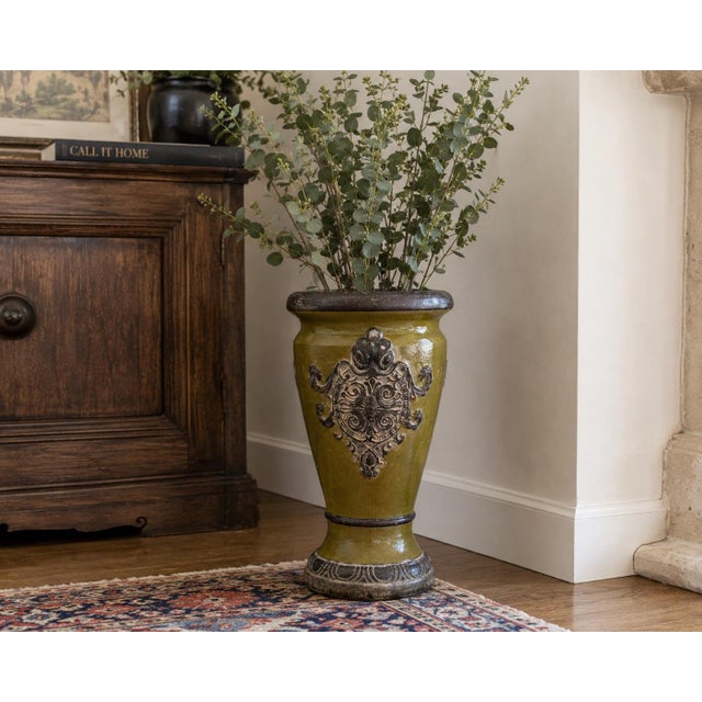 Baroque Vintage Olive Green Glazed Heavy Clay Floor Urn Vase With Raised Baroque Medallions – 15”h For Sale - Image 3 of 7