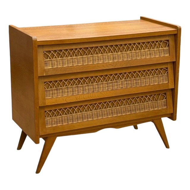 French Modern, Oak, Rattan, Chest of Drawers, France, 1960s For Sale