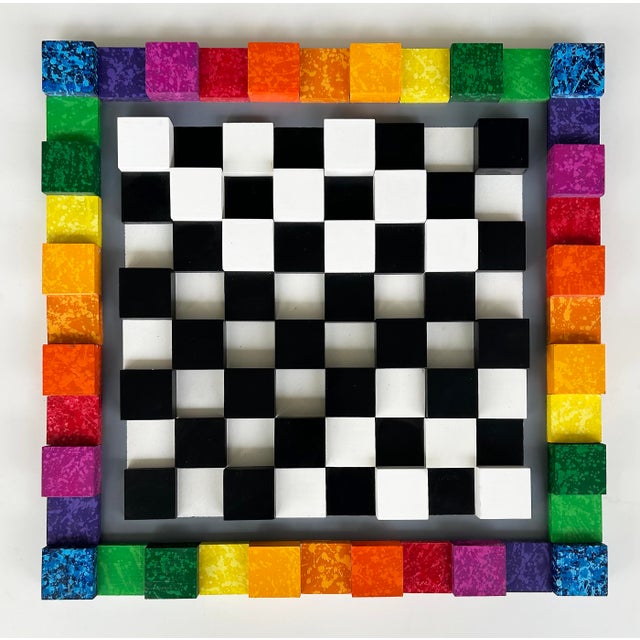 Bright and Colorful Optical Art "Chessboard" Wall Sculpture in Wood Painted Offered for sale is a graphic and dimensional...