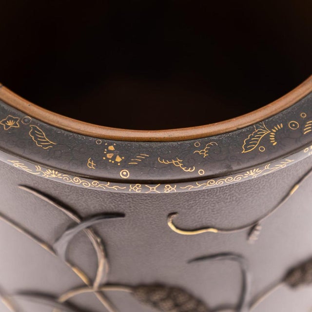 Antique Japanese Meiji Inlaid Bronze Cylindrical Brush Pots, 19th Century, Set of 2 For Sale - Image 10 of 18