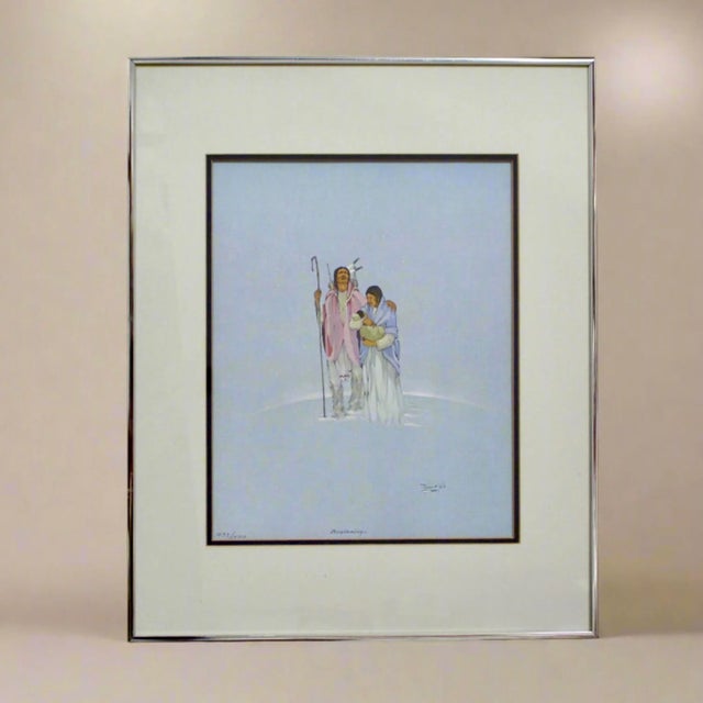 Blue Vintage Print "Beginning" by Seminole Artist Jerome Tiger For Sale - Image 8 of 9