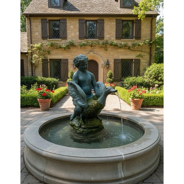 Verdigris Vintage Neoclassical Spelter "Boy With Goose" Garden Fountain For Sale - Image 8 of 9