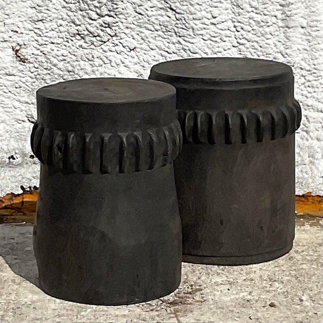Vintage Boho Ebony Paddle Stump Low Stools - A Pair — additional photo 7