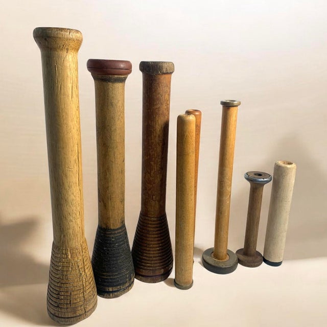 Farmhouse Early 20th Century Industrial Wood Textile Bobbin Collection of 8 For Sale - Image 3 of 9