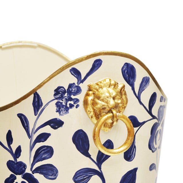 Traditional Matthew Izzo Home Wastebasket - Hand Painted Oval Tole Metal With Ink Blue Vine Design, Raised Edges, Gold Leaf Trim and Lion Head Handles For Sale - Image 3 of 3