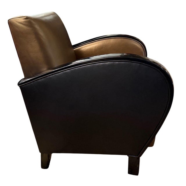 1930s Pair of French Art Deco Gold and Black Leather Club Chairs For Sale - Image 4 of 9