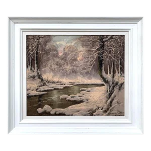 Vintage 20th Century Painting of a Hungarian Winter Wonderland Forest River Snow Scene, Circa 1925