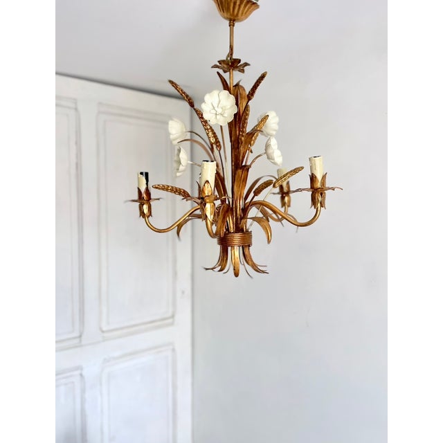 Gilt Tole Floral and Wheat Chandelier, 1960 For Sale - Image 4 of 18