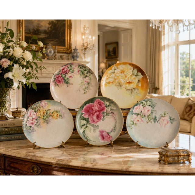 Rare Set of Five Antique Hand-Painted Limoges Rose Cabinet Plates by j.a. Tompkins, C. 1900–1910 For Sale - Image 9 of 12