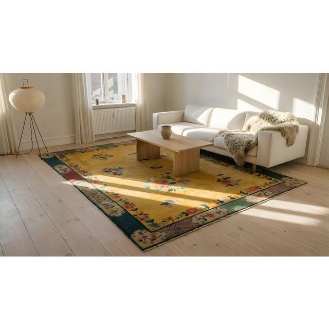 1920s Yellow Florid Antique Chinese Art Deco Carpet 7'2" X 9'10" Handknotted Wool Rug For Sale - Image 15 of 17