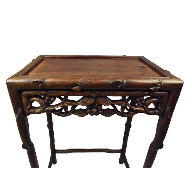 Early 20th Century Floral Bamboo Design Carved Rosewood Side Table - Plant Stand For Sale - Image 4 of 16