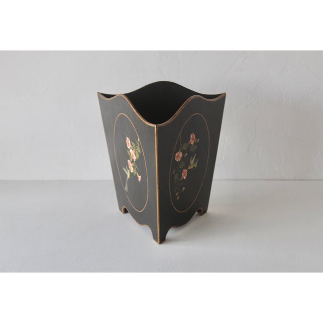 Black Vintage Chinoiserie Hand Painted Triangular Planter Wastebasket Humming Birds Botanic Motive Mid Century For Sale - Image 8 of 13