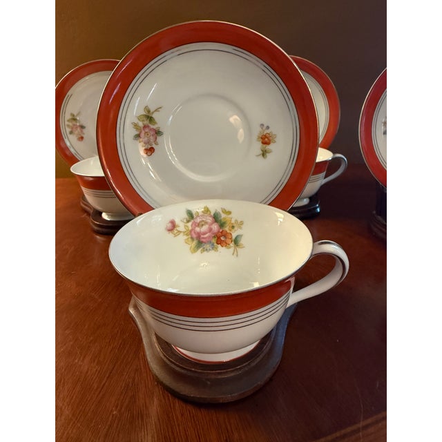 Mid-Century Modern Vintage Noritake M N749 China Tea Cups, Saucers and Wooden Stands Set of 4 ca.1950 For Sale - Image 3 of 18