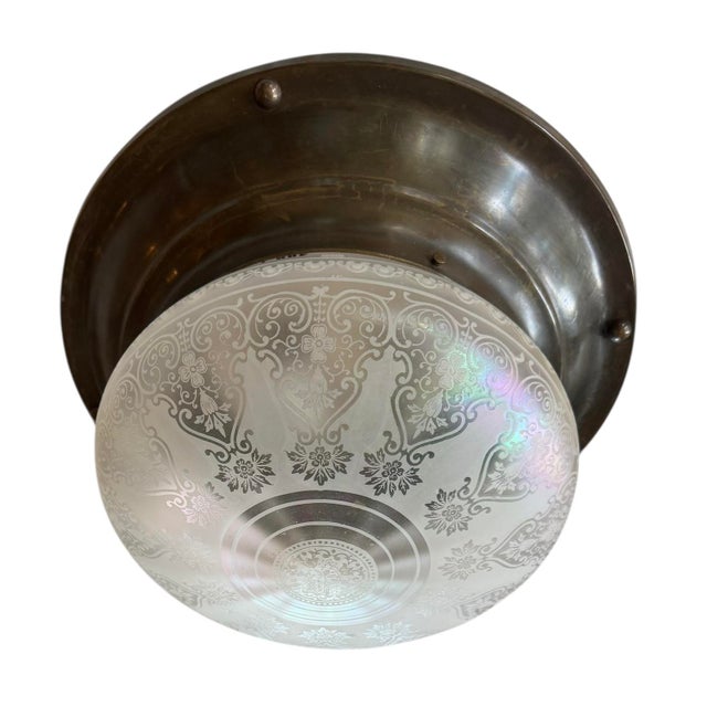 Early 20th Century Rare Art Nouveau Signed Acid Etched and Iridized Flushmount Ceiling Fixture For Sale - Image 4 of 6
