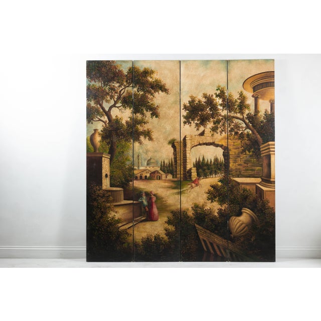 Hand-Painted Four-Panel Folding Screen with Architectural Landscape Scene For Sale - Image 9 of 10