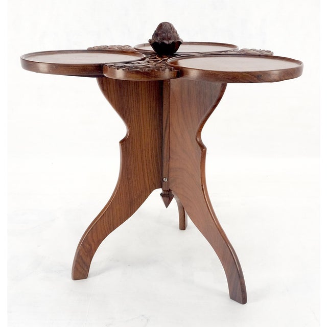 English Carved Teak Acorn Tripod Base Triptych Round Tray Top Side End Serving Table For Sale - Image 3 of 7