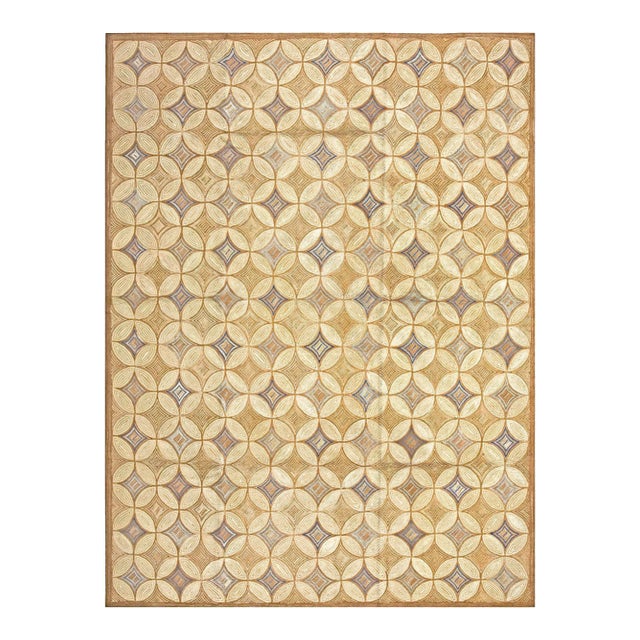 2000s Tan Camel Geometric Contemporary Handmade Cotton Hooked Rug 8' X 10' Carpet For Sale