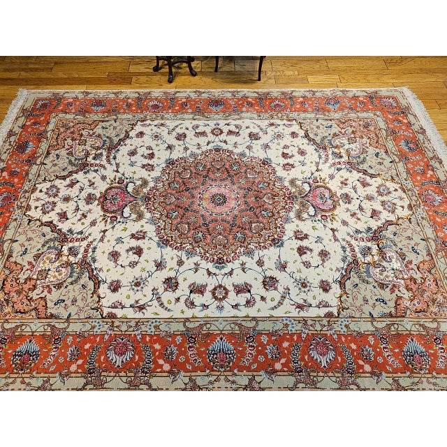 Vintage Persian Tabriz Rug, Hand-Knotted Wool & Silk, Floral Pattern, Ivory & Pink, 8x12 For Sale - Image 9 of 18