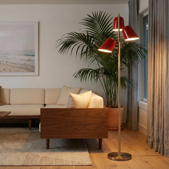 Mid-Century Modern 1960s Mid Century Modern Culver 3-Lighting Tree Brass Floor Lamp - Crimson Red Shades, Weathered Brass For Sale - Image 3 of 8