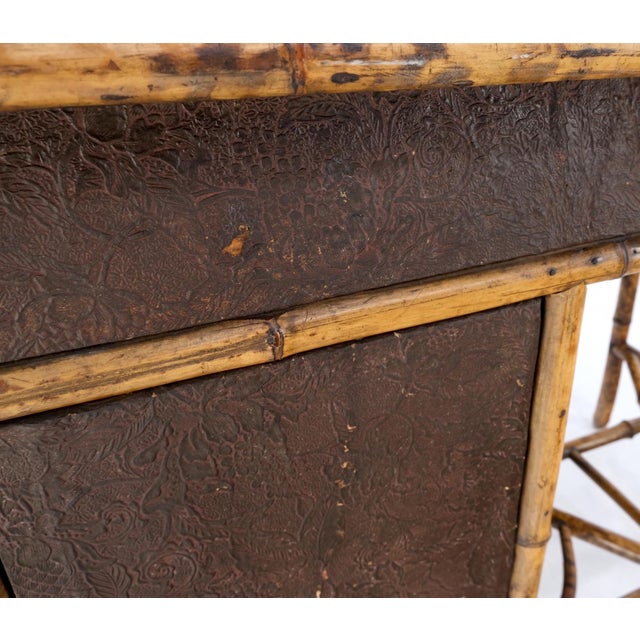 Chinoiserie Antique Asian Oriental japaneese Burned Bamboo Hand Painted Decorated Desk Table For Sale - Image 3 of 18