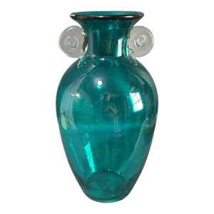 Late 20th Century Neoclassical Style Hand Blown Art Glass Blue Clear Handle Vase