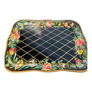 Vintage Hand Painted Flowered Toleware Serving Tray For Sale